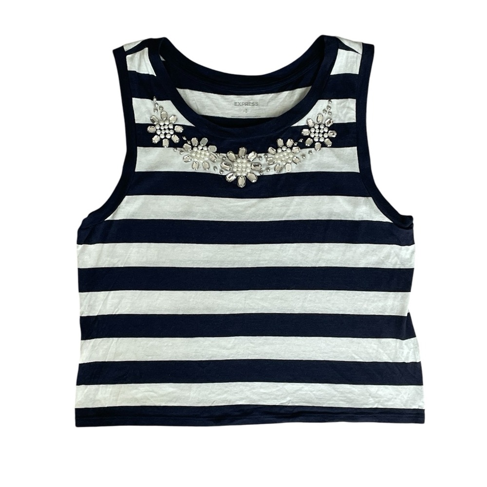 Express Striped Navy and White Sleeveless Women’s Top, Embellished Neckline, S